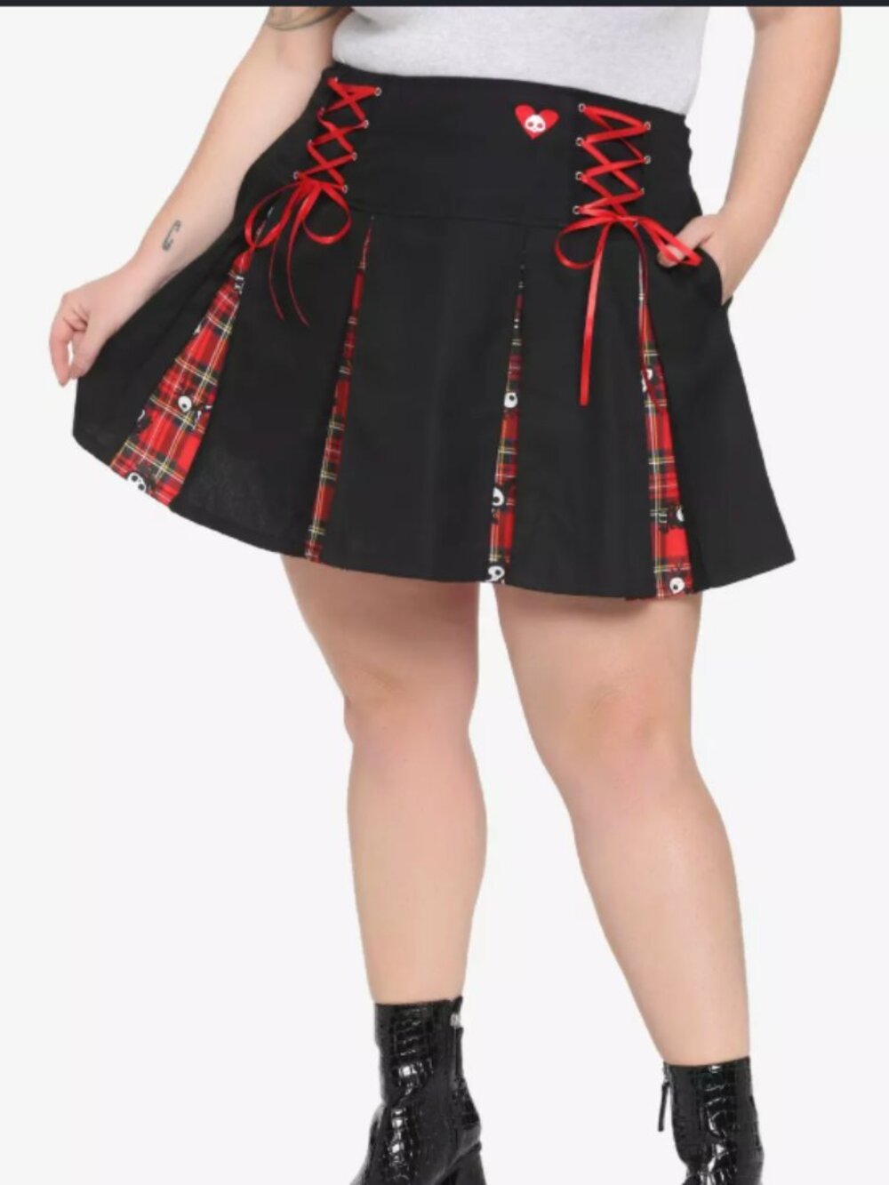 Skeletanimals Black & Red Plaid Punk Pleated Skirt with Lace-Up Detail Plus 2X